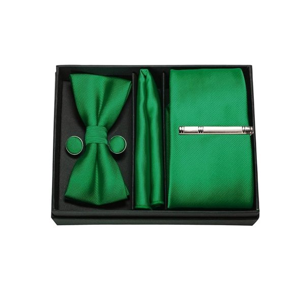 Mens 5 Piece Tie + Bow Tie + Pocket Square + Cufflinks + Clip Satin Green - Picture 4 of 5